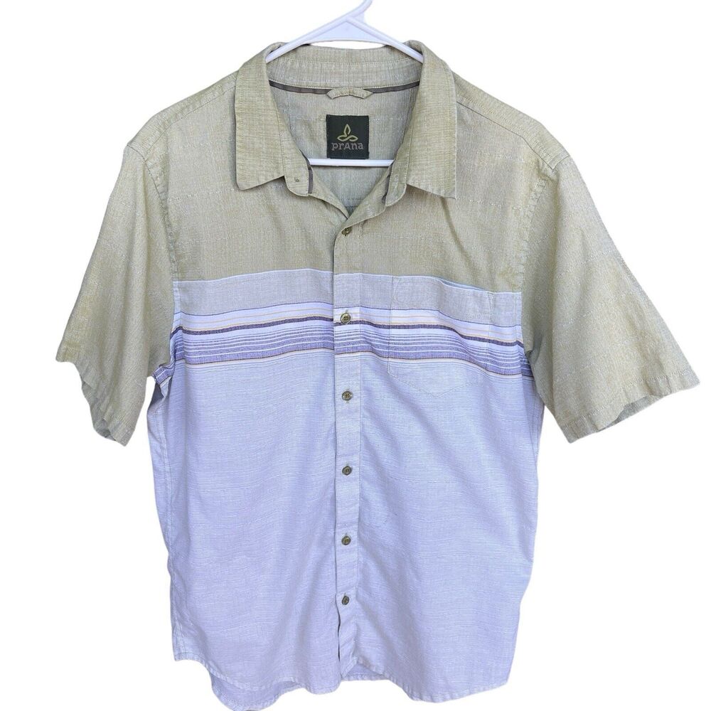 Prana Button Up‎ Shirt Mens Large Green White Short Sleeve Casual Retro Striped